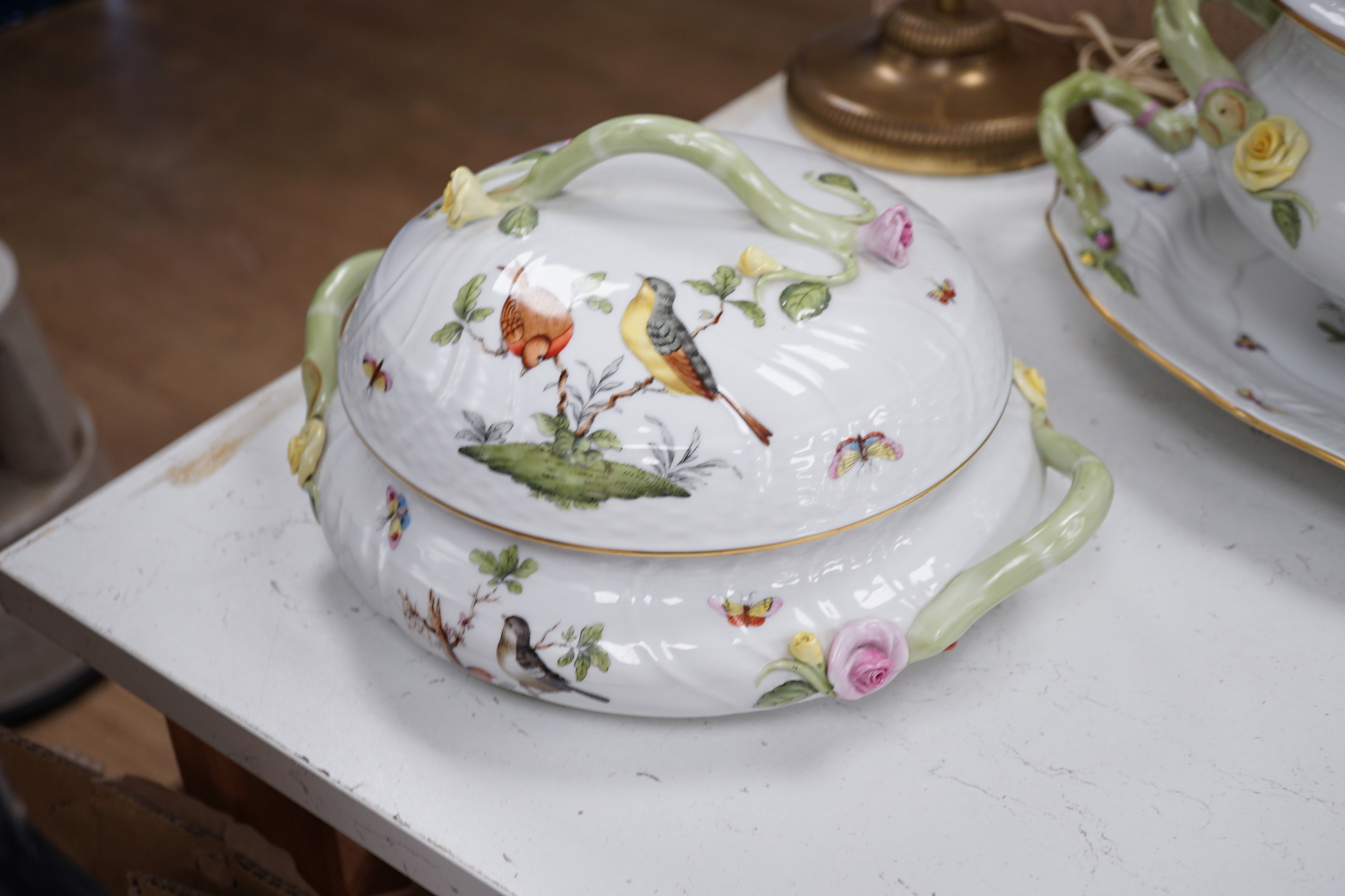 A Herend Rothschild birds pattern soup tureen cover and stand, two vegetable tureens and an oval dish